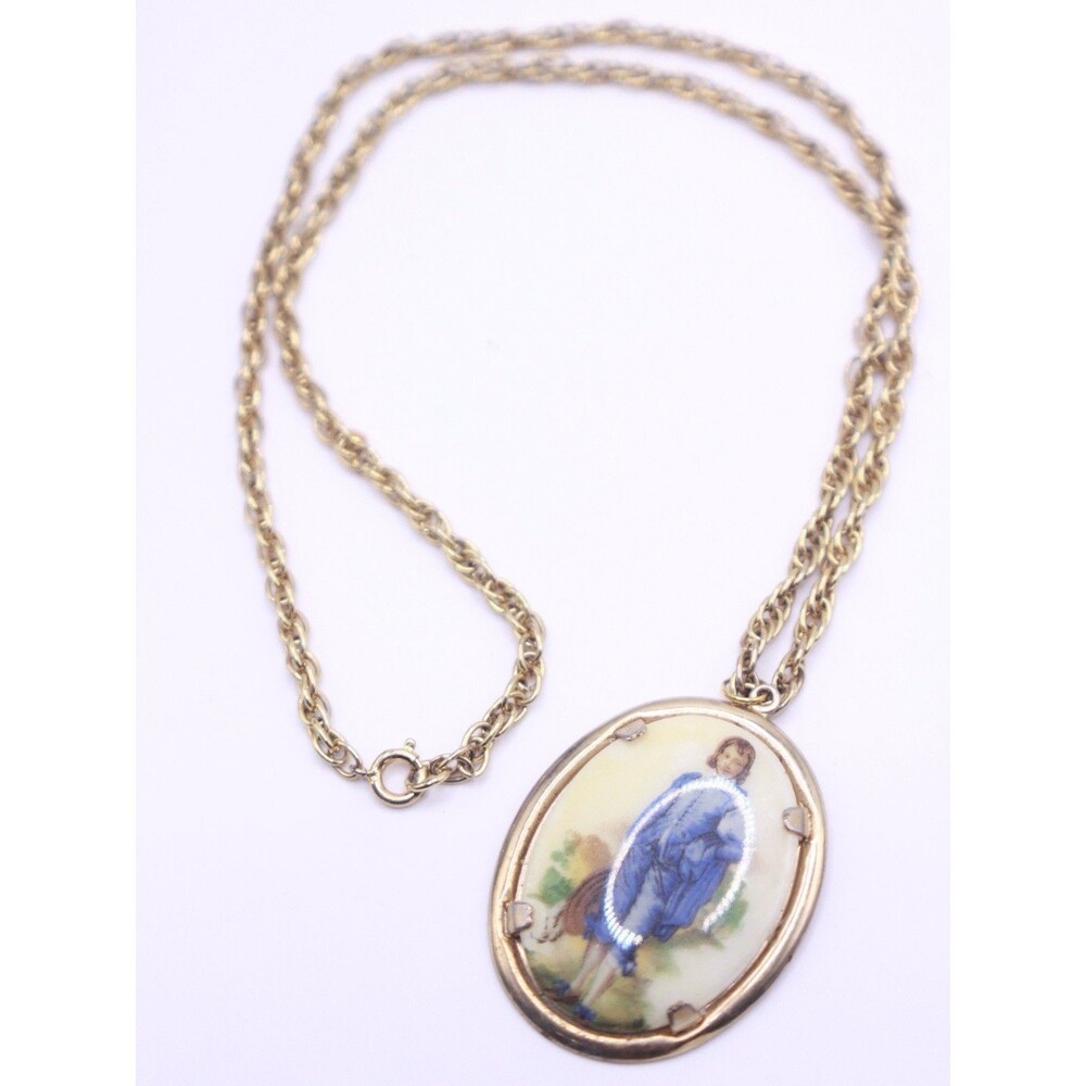 Vintage Unsigned Blue Boy Porcelain Transfer Pendant Gold Tone Necklace 23.5”
